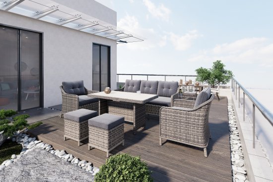 Набор садовой мебели для обеда Cezar KJ-Z2115B искусственный ротанг бежевый: диван, стол, 2 пуфа, 2 кресла с подушками