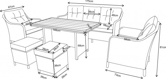 Набор садовой мебели для обеда Cezar KJ-Z2115B искусственный ротанг бежевый: диван, стол, 2 пуфа, 2 кресла с подушками