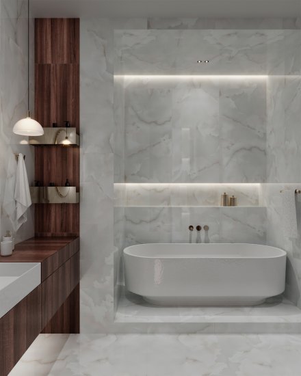 Глазурованный керамогранит Arcadia Ceramica Onyx White Cloud 60x120 см 1.44 м² глянцевый цвет светло-серый