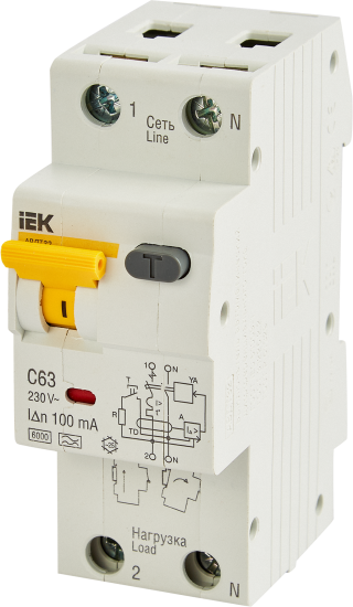 Дифференциальный автомат IEK АВДТ 32 2P C63 А 100 мА 6 кА AC MAD22-5-063-C-100
