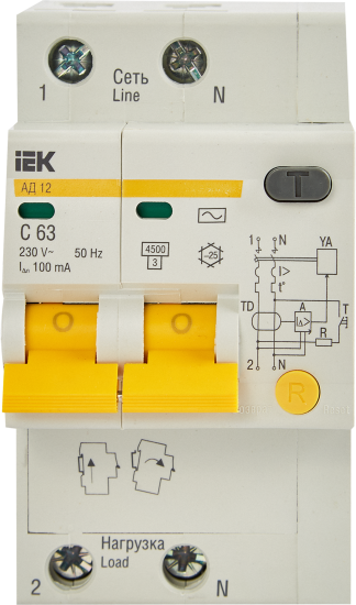 Дифференциальный автомат IEK АД12 2P C63 А 100 мА 4.5 кА AC MAD10-2-063-C-100
