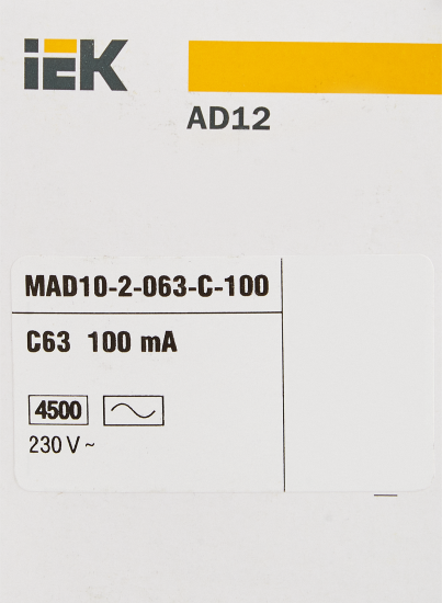 Дифференциальный автомат IEK АД12 2P C63 А 100 мА 4.5 кА AC MAD10-2-063-C-100