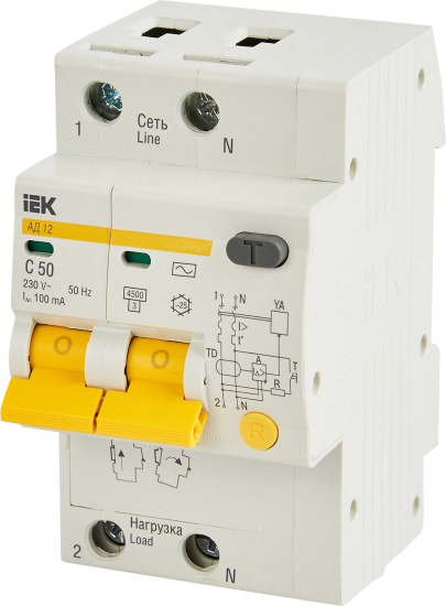 Дифференциальный автомат IEK АД12 2P C50 А 100 мА 4.5 кА AC MAD10-2-050-C-100