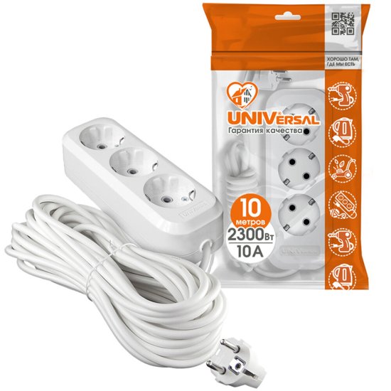 Удлинитель UNIVersal 3 розетки 10 м ПВС 3х1 кв.мм 10 А 2,3 кВт белый (9631980)