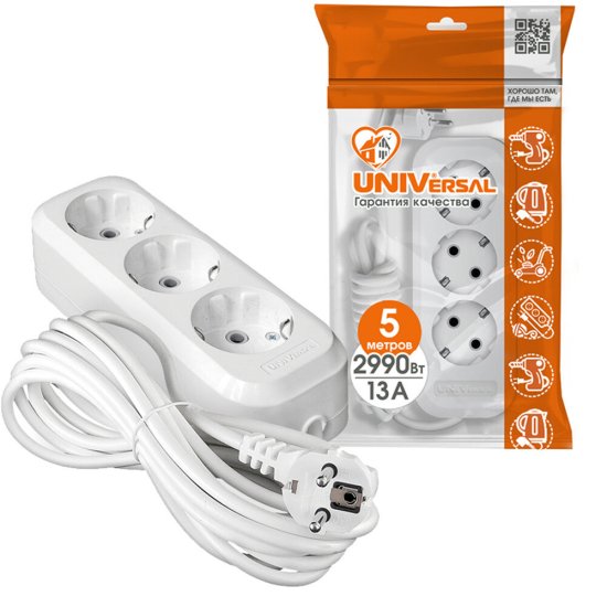 Удлинитель UNIVersal 3 розетки 5 м ПВС 3х1 кв.мм 13 А 2,9 кВт белый (9631978)