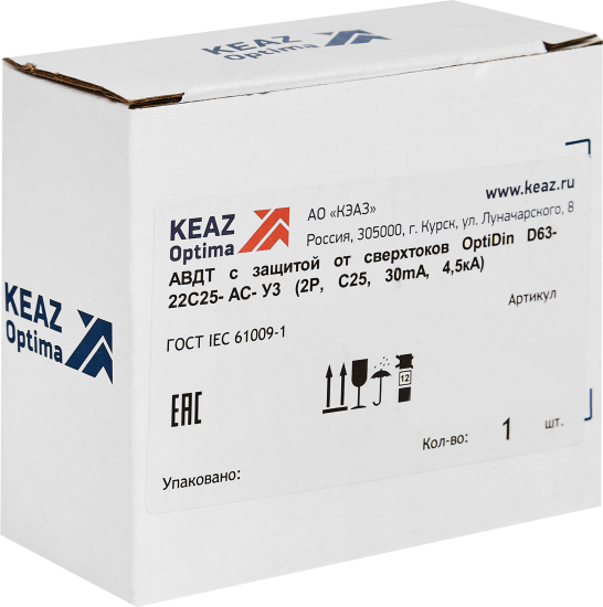 Дифференциальный автомат КЭАЗ Opti Din 2P C25 А 30 мА 4.5 кА АС D63-22C25-AC-У3