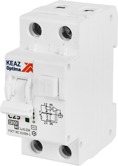 Дифференциальный автомат КЭАЗ Opti Din 2P C25 А 30 мА 4.5 кА АС D63-22C25-AC-У3