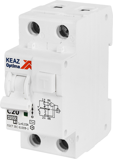 Дифференциальный автомат КЭАЗ Opti Din 2P C20 А 30 мА 4.5 кА АС D63-22C20-AC-У3