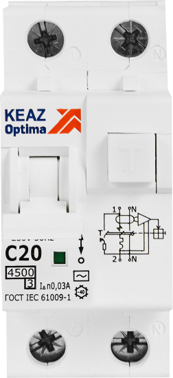Дифференциальный автомат КЭАЗ Opti Din 2P C20 А 30 мА 4.5 кА АС D63-22C20-AC-У3