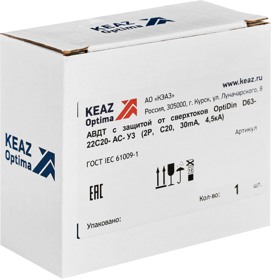 Дифференциальный автомат КЭАЗ Opti Din 2P C20 А 30 мА 4.5 кА АС D63-22C20-AC-У3