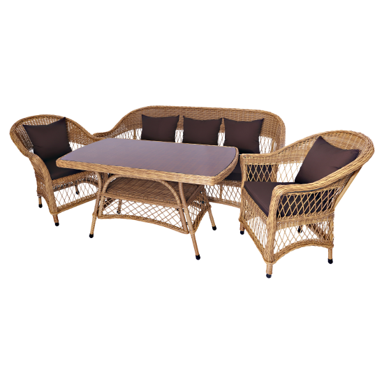 Набор садовой мебели для обеда с подушками Madina искусственный ротанг желтый диван стол и 2 кресла