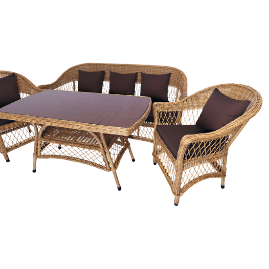 Набор садовой мебели для обеда с подушками Madina искусственный ротанг желтый диван стол и 2 кресла