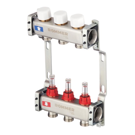 Коллекторная группа с расходомерами Rommer 1 ВР(г) х 3 выхода 3/4 НР(ш) ЕК х 1 ВР(г)