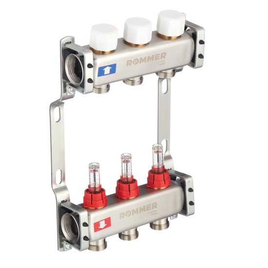 Коллекторная группа с расходомерами Rommer 1 ВР(г) х 3 выхода 3/4 НР(ш) ЕК х 1 ВР(г)