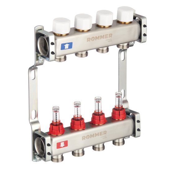 Коллекторная группа с расходомерами Rommer 1 ВР(г) х 4 выхода 3/4 НР(ш) ЕК х 1 ВР(г)