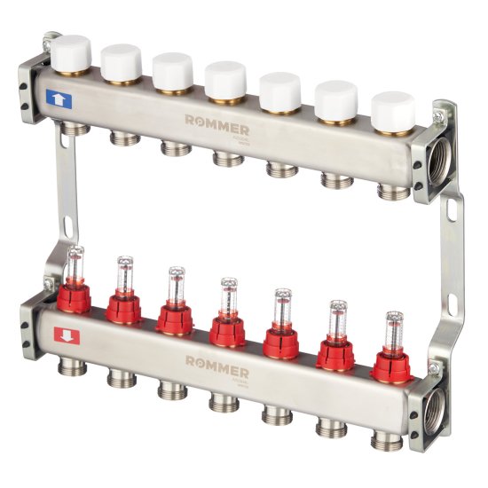 Коллекторная группа с расходомерами Rommer 1 ВР(г) х 7 выходов 3/4 НР(ш) ЕК х 1 ВР(г)