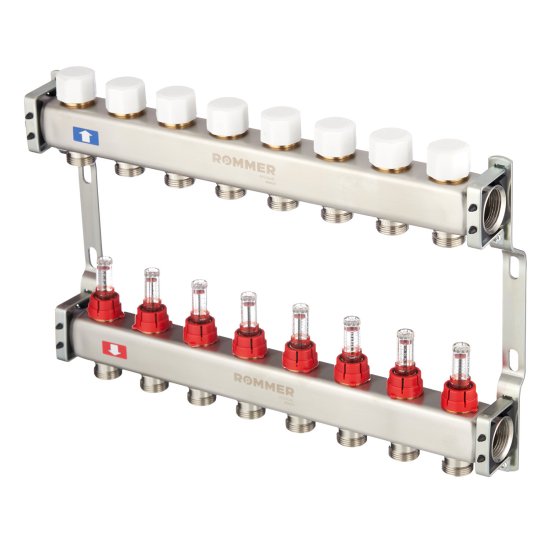 Коллекторная группа с расходомерами Rommer 1 ВР(г) х 8 выходов 3/4 НР(ш) ЕК х 1 ВР(г)