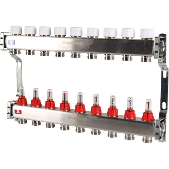 Коллекторная группа с расходомерами Rommer 1 ВР(г) х 9 выходов 3/4 НР(ш) ЕК х 1 ВР(г)