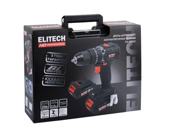Дрель-шуруповерт аккумуляторная ударная бесщеточная Elitech HD CD20ISL2 E2201.041.01, 20 В Li-ion 2x2 Ач