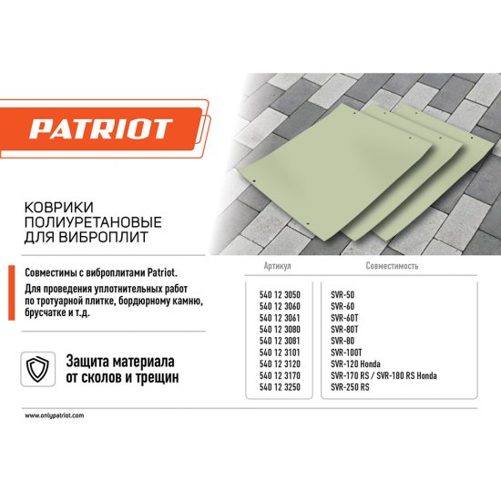Коврик для виброплиты SVR-80T полиуретановый Patriot 570х480 мм (540123080)