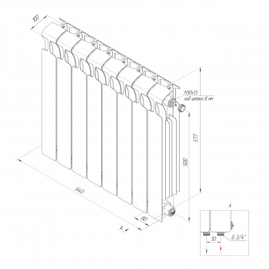 Радиатор секционный Rifar Monolit 500/100 биметалл 8 секций нижнее правое подключение цвет белый