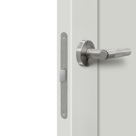Дверь межкомнатная глухая Дэстро 80x200 см Hardflex цвет белый жемчуг с замком и петлями