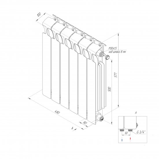 Радиатор секционный Rifar Monolit 500/100 биметалл 6 секций нижнее правое подключение цвет белый