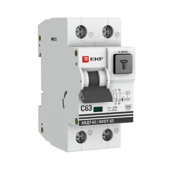 Автомат дифференциальный EKF PROxima АВДТ-63 63А 1P+N тип AC 30 мА 6 кА (DA63-63-30-AC)