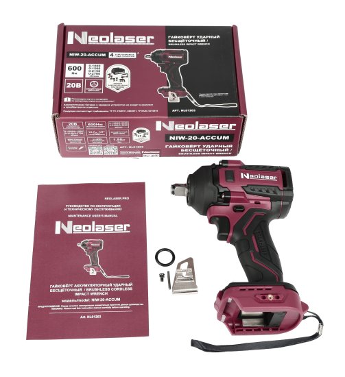 Гайковерт аккумуляторный ударный бесщеточный Neolaser NIW20ACCUM, 20 В Li-Ion без Акб и Зу, 600 Нм