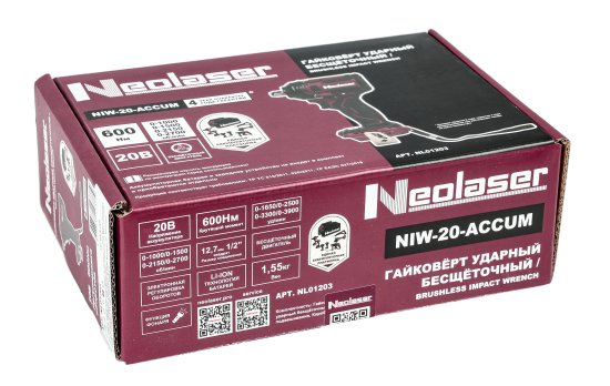 Гайковерт аккумуляторный ударный бесщеточный Neolaser NIW20ACCUM, 20 В Li-Ion без Акб и Зу, 600 Нм