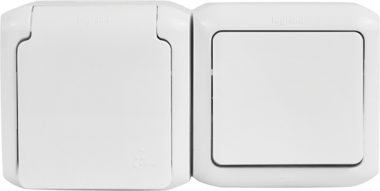 Блок выключатель и розетка с заземлением с защитными шторками - Legrand Quteo - IP44 16А 250В винтовые зажимы накладной монтаж - белый