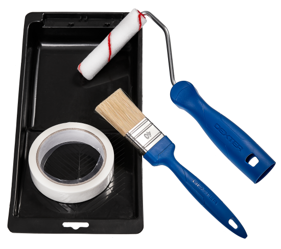 Набор малярный Dexter валик 100 мм и кисть 40 мм, ручка, кювета, скотч
