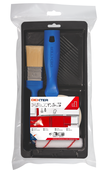 Набор малярный Dexter валик 100 мм и кисть 40 мм, ручка, кювета, скотч