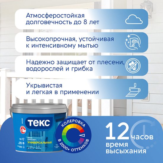 Эмаль универсальная акриловая Текс Профи основа D бесцветная глянцевая 2,7 л