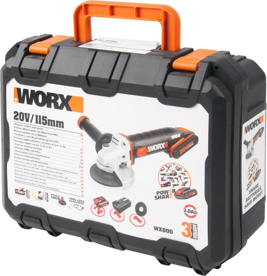 УШМ аккумуляторная Worx WX800, 20 В Li-ion 2x2 Ач, 115 мм