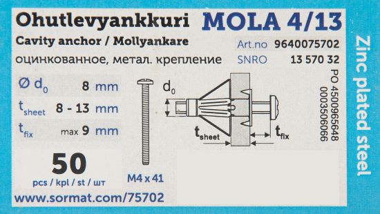 Дюбель-Молли для гипсокартона Sormat 4x41 мм 50 шт.