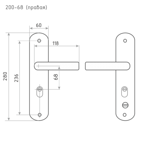 Ручка дверная межкомнатная на планке 200x68 мм правая, матовый хром/черный никель