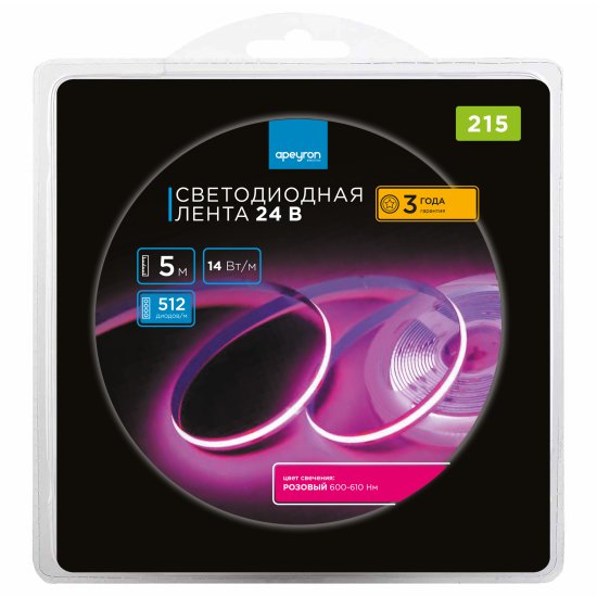 Светодиодная лента Apeyron LED COB 24В 10 мм 5м 14 Вт/м 60диод/м розовый свет