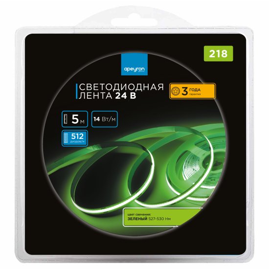 Светодиодная лента Apeyron LED COB 24В 10 мм 5м 14 Вт/м 512диод/м зеленый свет