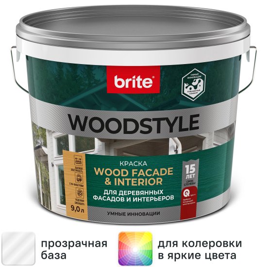 Краска для деревянных фасадов Brite Woodstyle Prof моющаяся матовая цвет прозрачный база С 9 л