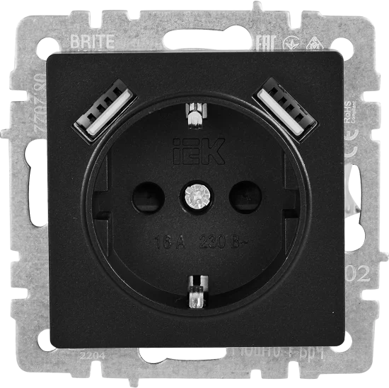Розетка USB встраиваемая IEK Brite РЮш10-1-БрЧ с заземлением цвет черный