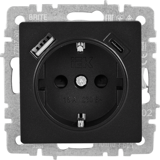 Розетка USB встраиваемая IEK Brite РЮш11-1-БрЧ с заземлением цвет черный