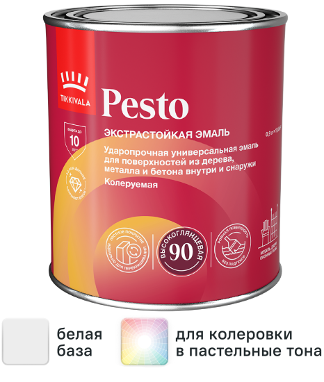 Эмаль универсальная стойкая Tikkurila Pesto 90 База A белая глянцевая 0.9 л