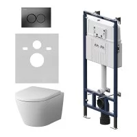 Инсталляция AM.PM MasterFit с клавишей L черный матовый, с подвесным унитазом Sense FlashClean, с сиденьем