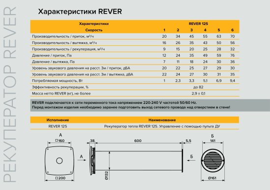 Рекуператор Rever D125 мм 25 дБ 63 м3/ч таймер цвет белый