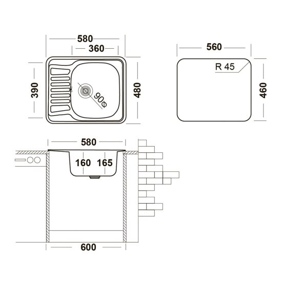 Мойка для кухни Ukinox Nord 58х48х16 см врезная с крылом сталь (Nr 580х480 (0,6) R, G)
