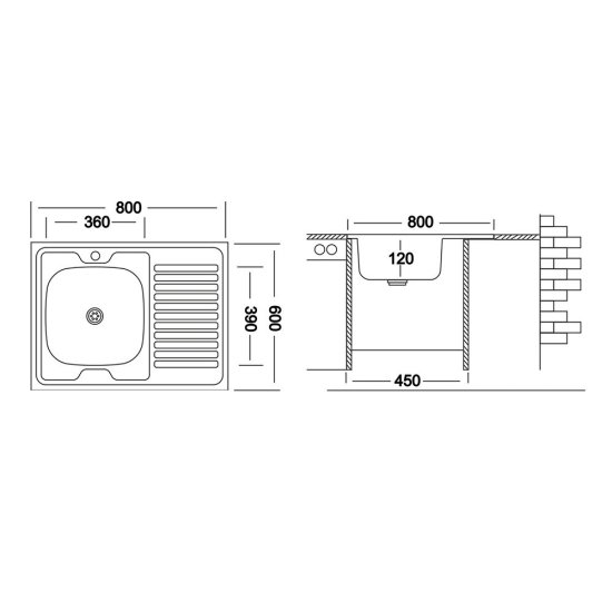 Мойка для кухни Ukinox Nord 80х60х13 см накладная с крылом сталь (Nr 800х600 0,4 R)