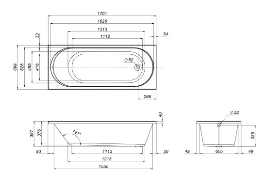 Ванна AM.PM Moxie W9MA-170-070W-A2ROFL с каркасом и сифоном акриловая 170x70 см