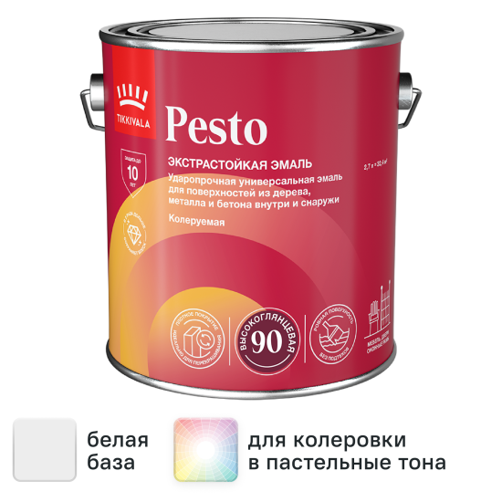 Эмаль универсальная стойкая Tikkivala Pesto 90 База A белая глянцевая 2.7 л