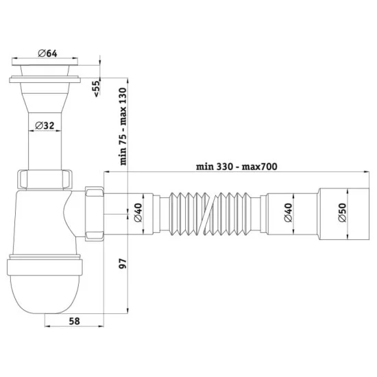 Сифон для раковины АНИ пласт 1 1/4х40 мм с выпуском 40/50 мм с соединением 40/50 мм белый (C2015)